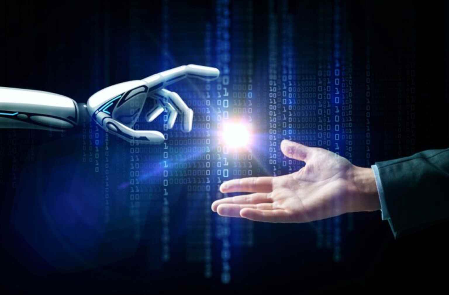 Robot and human hand reaching towards a glowing light, symbolizing AI in coding